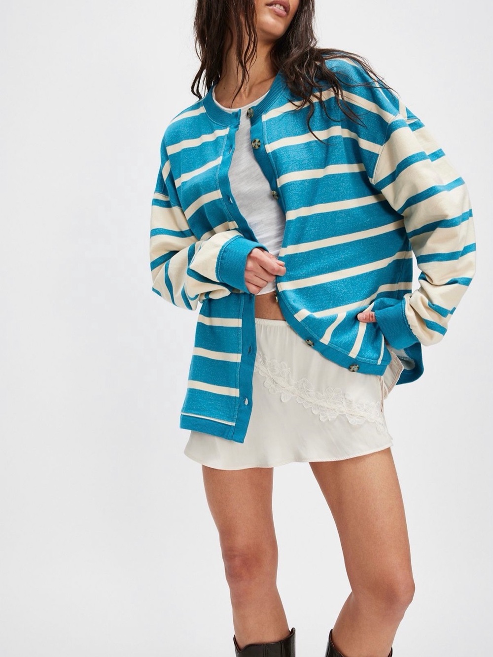 Free People Teal & Cream Striped Button-Up Cardigan Jacket